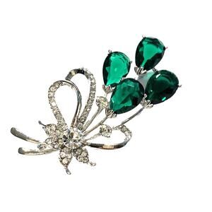 Silver Brooch Clear White Crystals & Deep Green Rhinestones Fashion Pin Gift